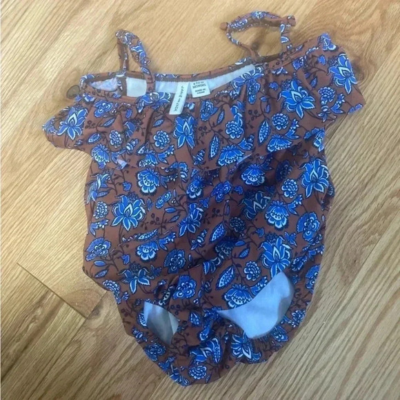 Janie  and Jack blue turquoise brown ruffle one piece swimsuit - Picture 1 of 4